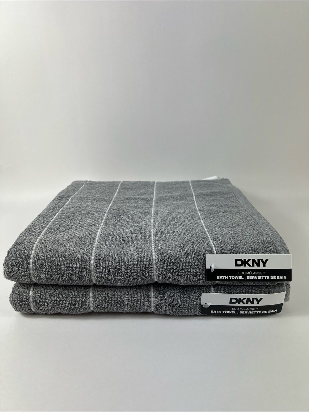 DKNY Eco Melange Bath Towels Medium Gray White Stripe Soft Cotton Set of 2 NEW